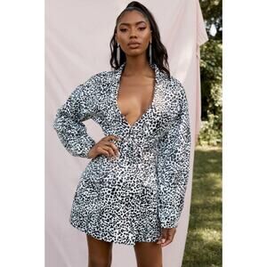 NWT House Of CB Black & White Animal Printed Satin Blazer Dress Womens Size L